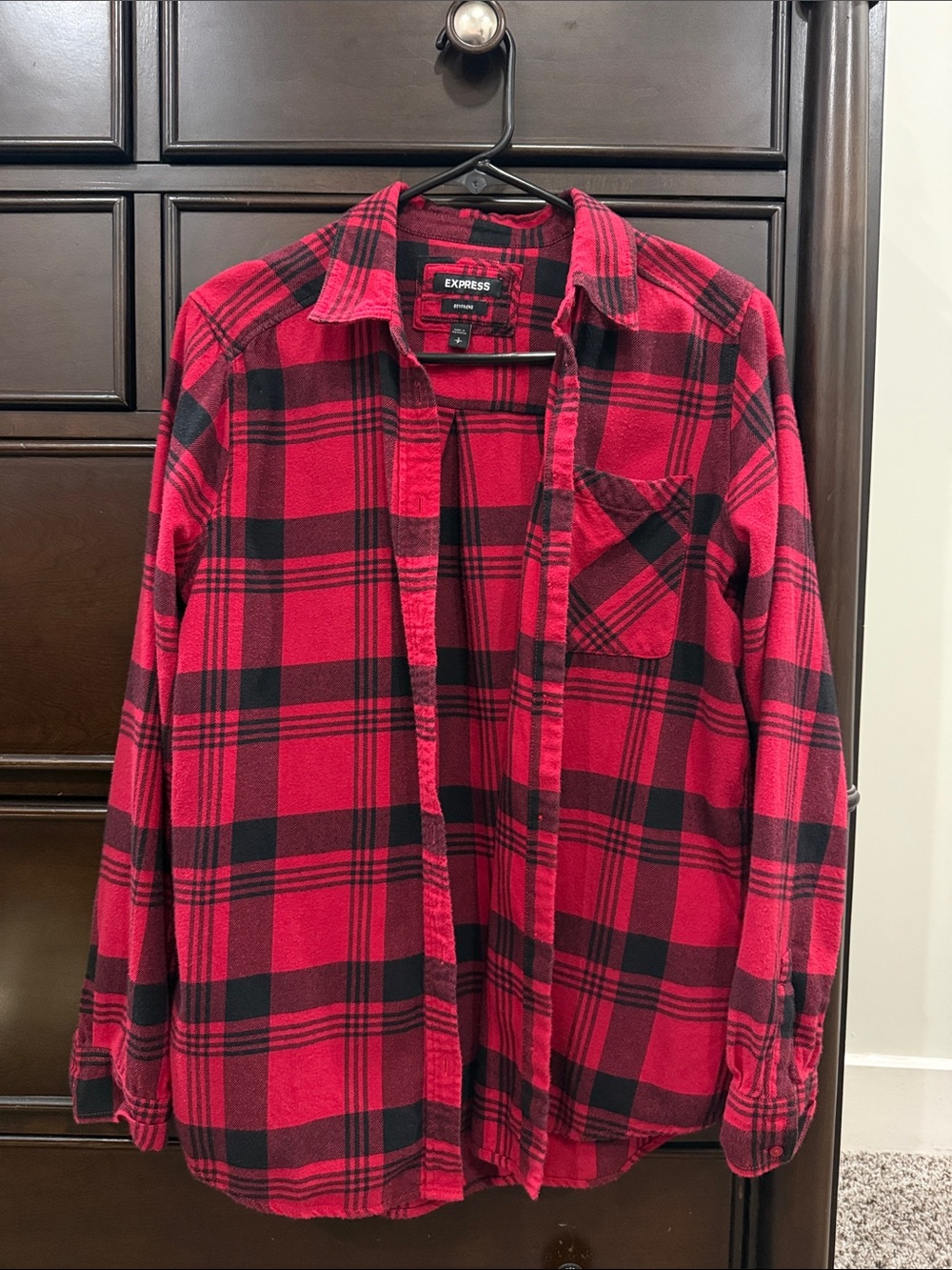 Express Red and Black Plaid Button-Down Shirt